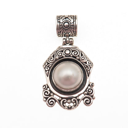 925 Sterling Silver Vintage Real Pearl Modernist Ornate Oxidized Pendant