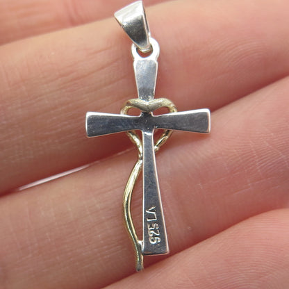 925 Sterling Silver 2-Tone Round-Cut C Z Heart Cross Pendant