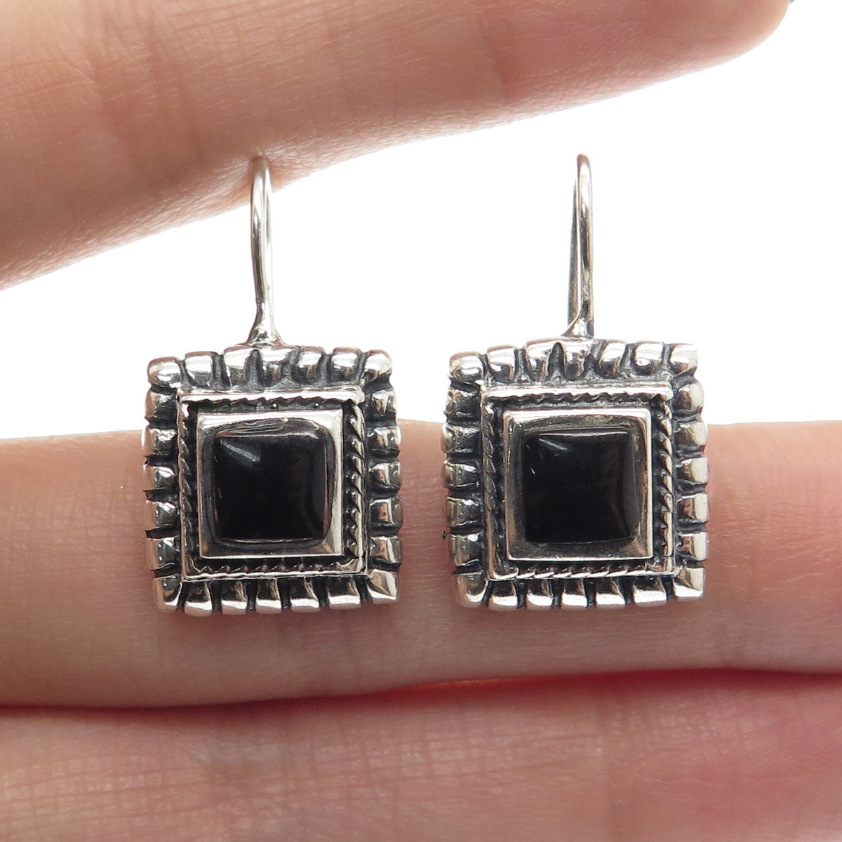 ATI 925 Sterling Silver Vintage Mexico Real Black Onyx Gemstone Earrings