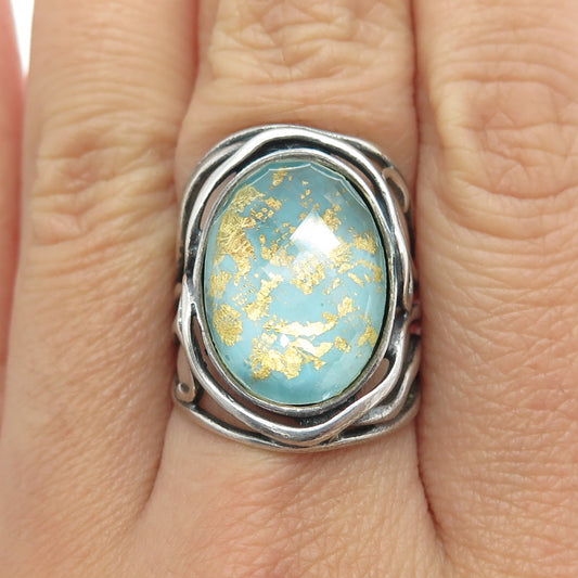 DIDAE Sterling Silver Vintage Israel Doublet Gold Leaf Turquoise Ring Size 7.25