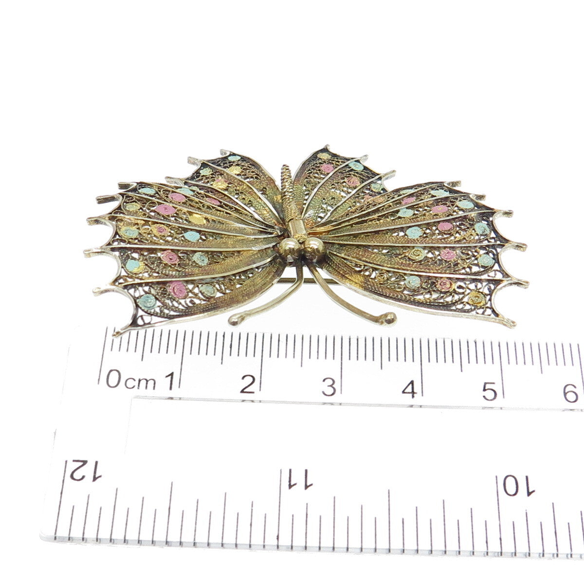 800 Silver Vintage Enamel Filigree Butterfly Pin Brooch