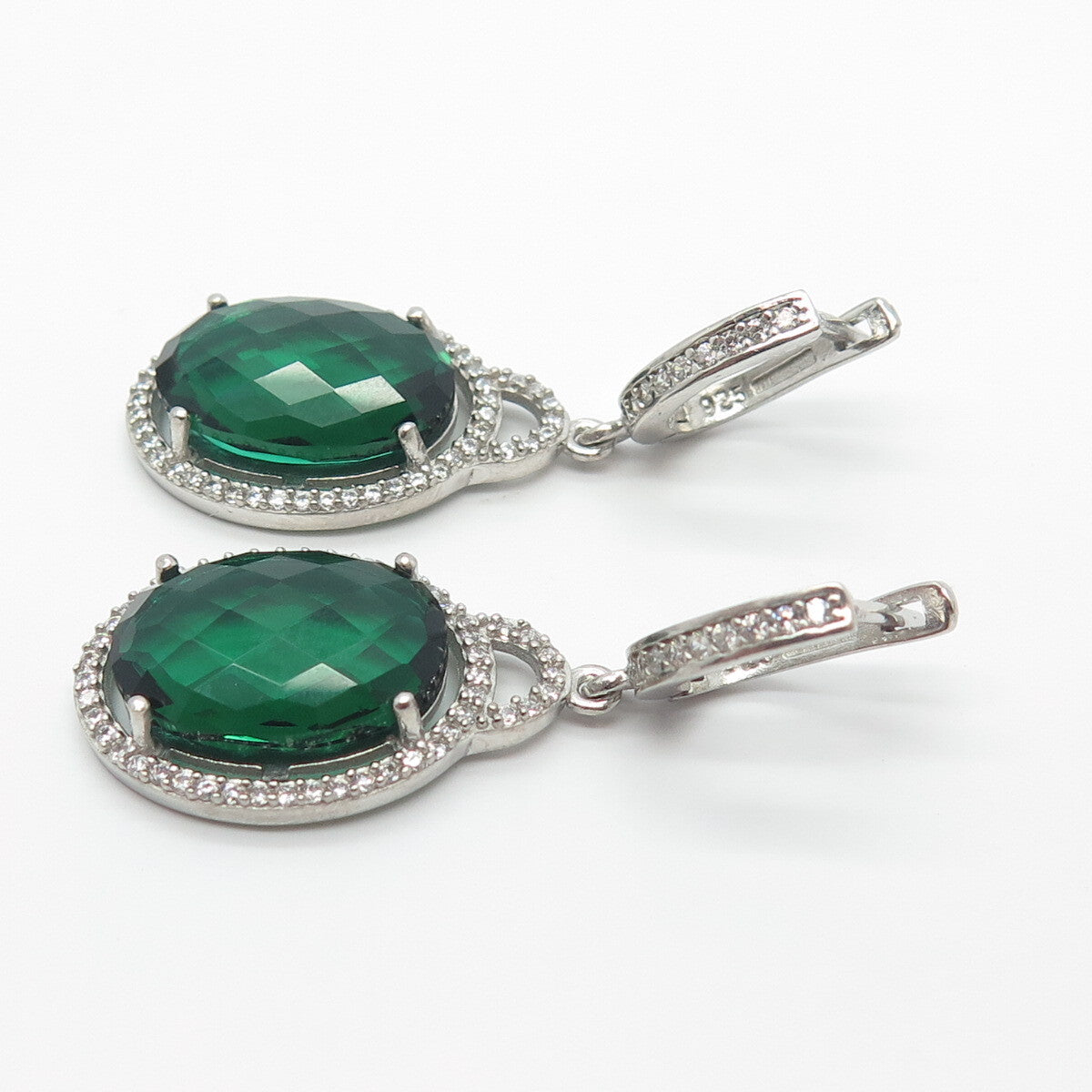 925 Sterling Silver White & Green C Z Dangling Earrings