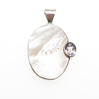 925 Sterling Silver Vintage Real MOP & Amethyst Modernist Pendant