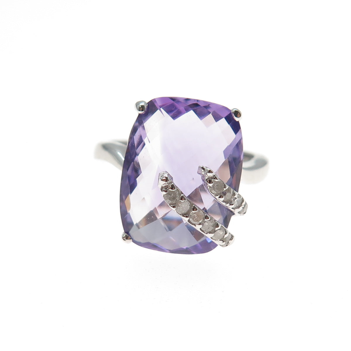 925 Sterling Silver Real Round-Cut Diamond & Amethyst Ring Size 7