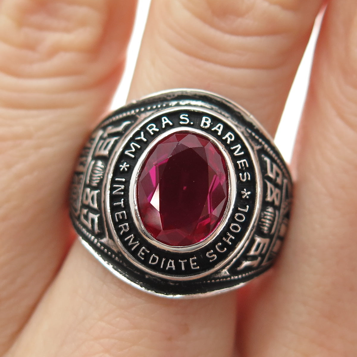 REED CO Sterling Vintage 1985 Lab-Created Ruby M.S. Barnes School Ring Size 9.75