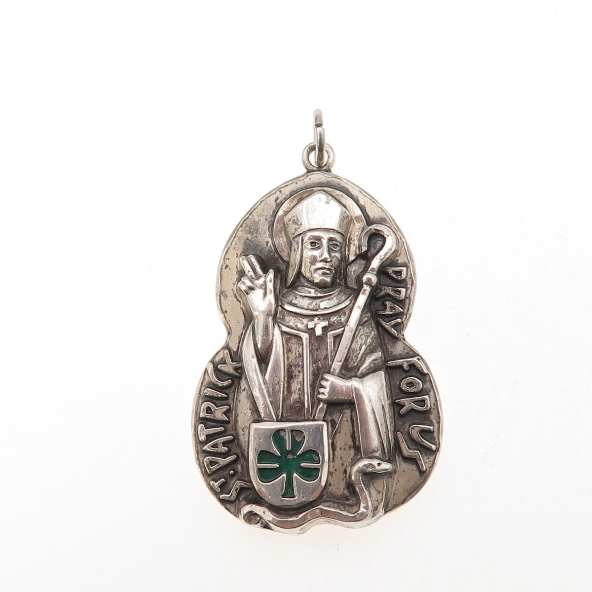 Creed 925 Sterling Silver Antique Art Deco Enamel St. Patrick Oxidized Pendant