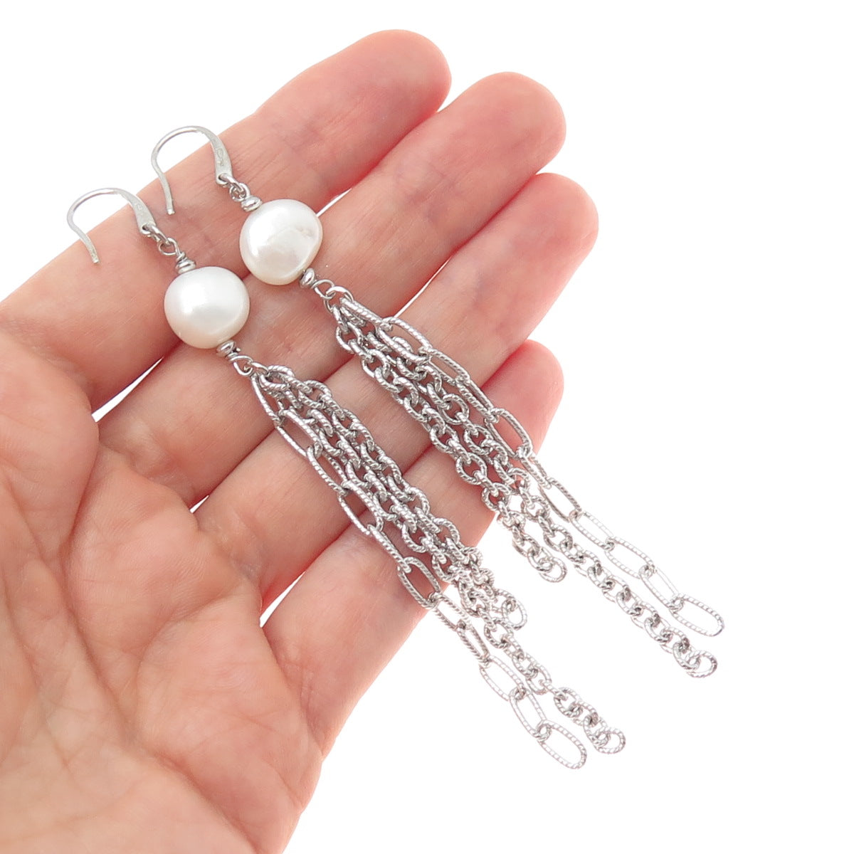 925 Sterling Silver Vintage Italy Real Baroque Pearl Tassel Dangle Earrings