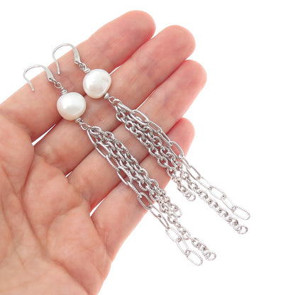 925 Sterling Silver Vintage Italy Real Baroque Pearl Tassel Dangle Earrings
