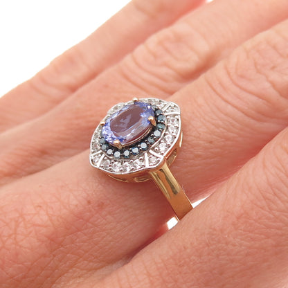 925 Sterling Gold Plated Real Blue Diamond Tanzanite & White Topaz Ring Size 8