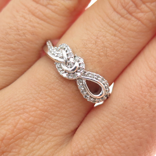 925 Sterling Silver Real Round-Cut Diamond Twisted Knot Ring Size 7.25
