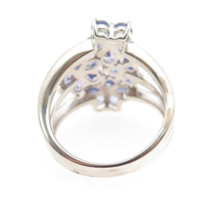 925 Sterling Silver Real Round & Pear-Cut Tanzanite Floral Ring Size 8
