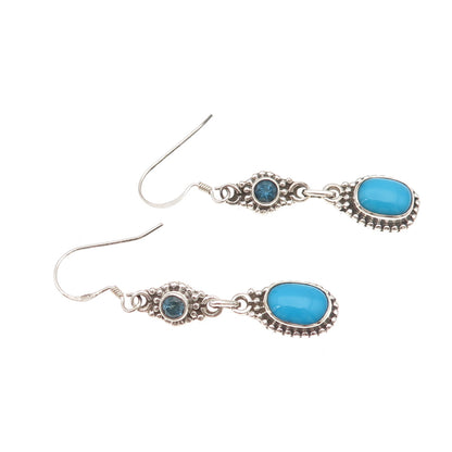 925 Sterling Silver Vintage Real Turquoise & London Blue Topaz Dangle Earrings