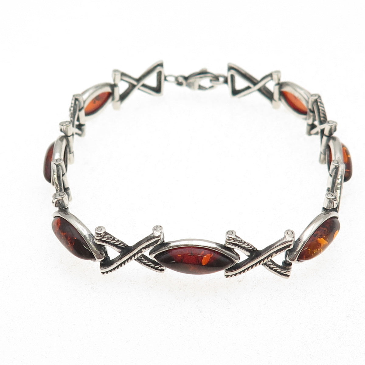 925 Sterling Silver Vintage JS Poland Real Amber X-Shape Oxidized Bracelet 7.75"