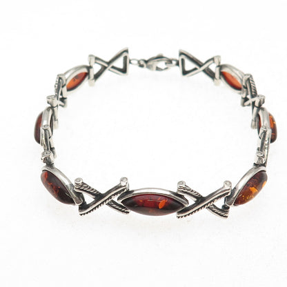 925 Sterling Silver Vintage JS Poland Real Amber X-Shape Oxidized Bracelet 7.75"