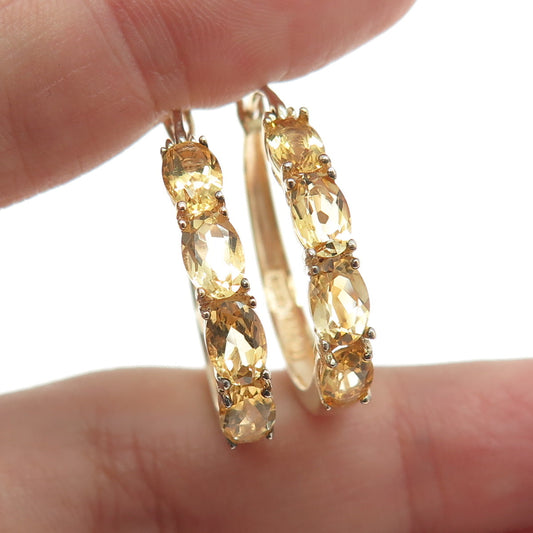 925 Sterling Silver Gold Plated Citrine Gem Hinged Hoop Earrings