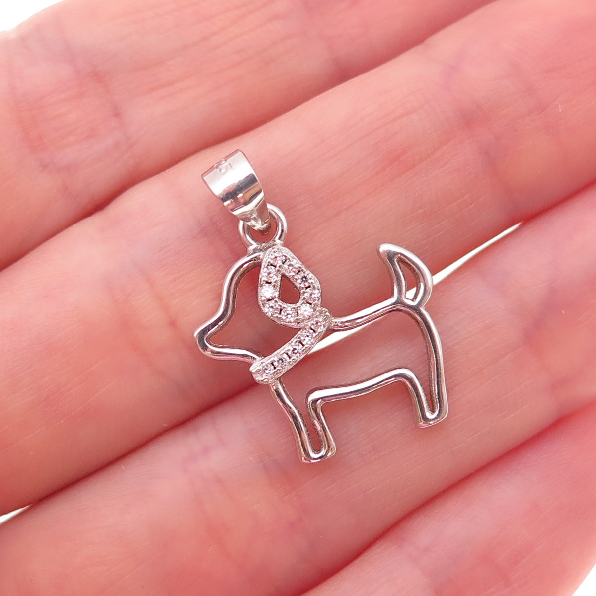 925 Sterling Silver Round-Cut C Z Dog Charm Pendant