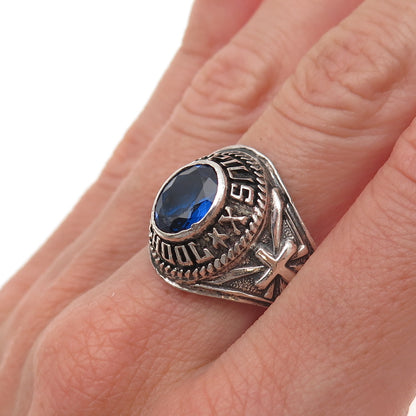 925 Sterling Vintage 1977 Lab-Created Sapphire St. Pius X School Ring Size 9.75