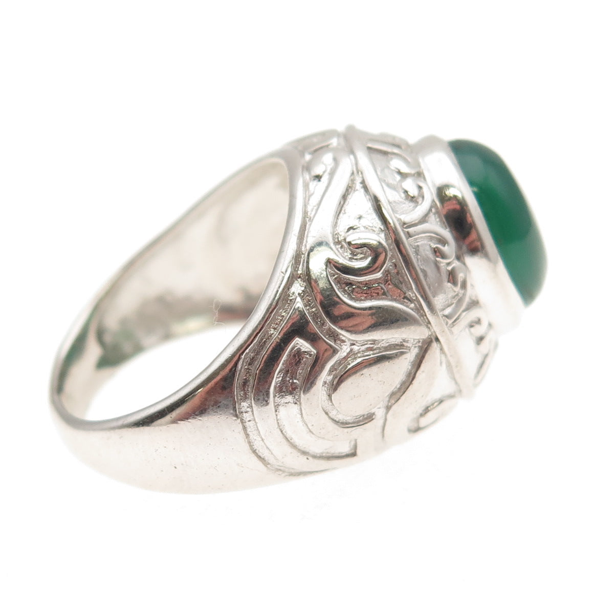 925 Sterling Silver Real Green Agate Floral Scroll Ring Size 7.75