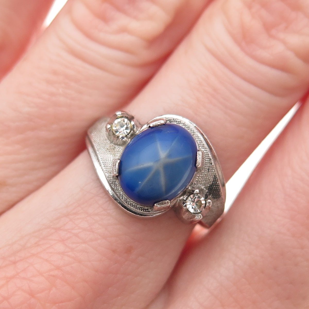 925 Sterling Silver Antique Art Deco Faux Star Sapphire & Rhinestone Ring Size 7