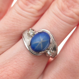 925 Sterling Silver Antique Art Deco Faux Star Sapphire & Rhinestone Ring Size 7