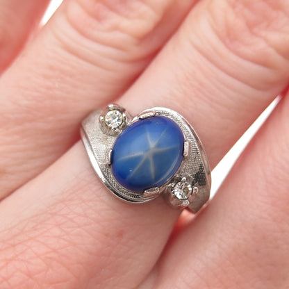 925 Sterling Silver Antique Art Deco Faux Star Sapphire & Rhinestone Ring Size 7
