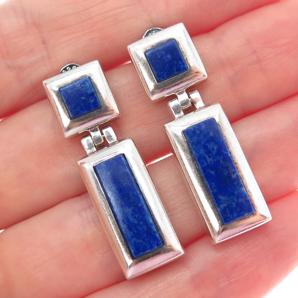 STEVEN ANTON REHAGE Sterling Vintage Real Lapis Lazuli Modernist Drop Earrings