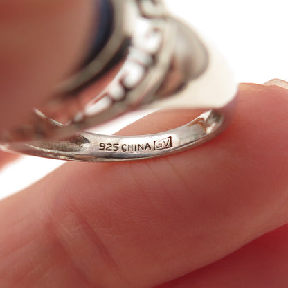 925 Sterling Silver Vintage Real Lapis Greek Key Oxidized Ring Size 6
