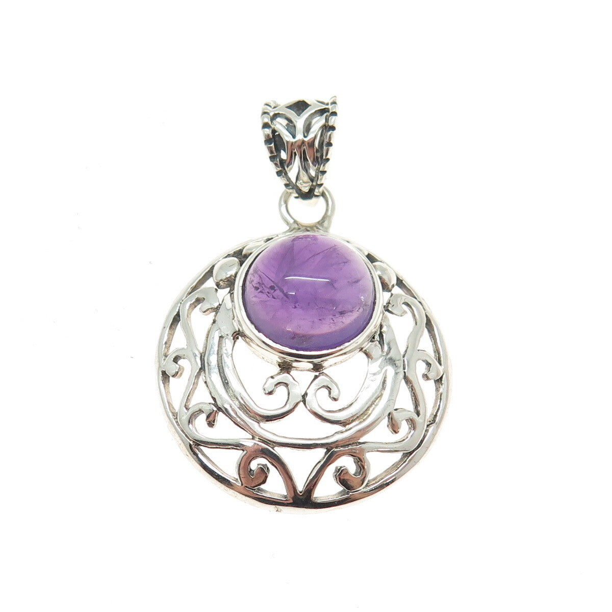 925 Sterling Silver Vintage Real Amethyst Gemstone Swirl Ornate Pendant