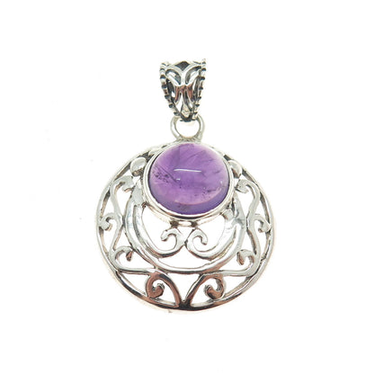 925 Sterling Silver Vintage Real Amethyst Gemstone Swirl Ornate Pendant