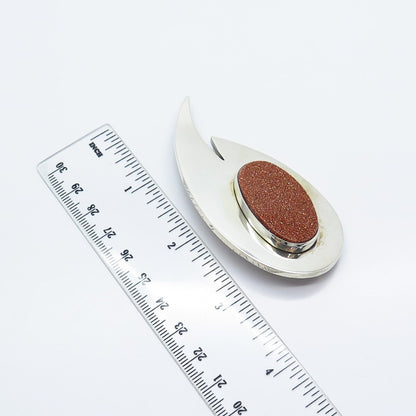 925 Sterling Silver Vintage Israel Real Goldstone Gem Abstract Pin Brooch