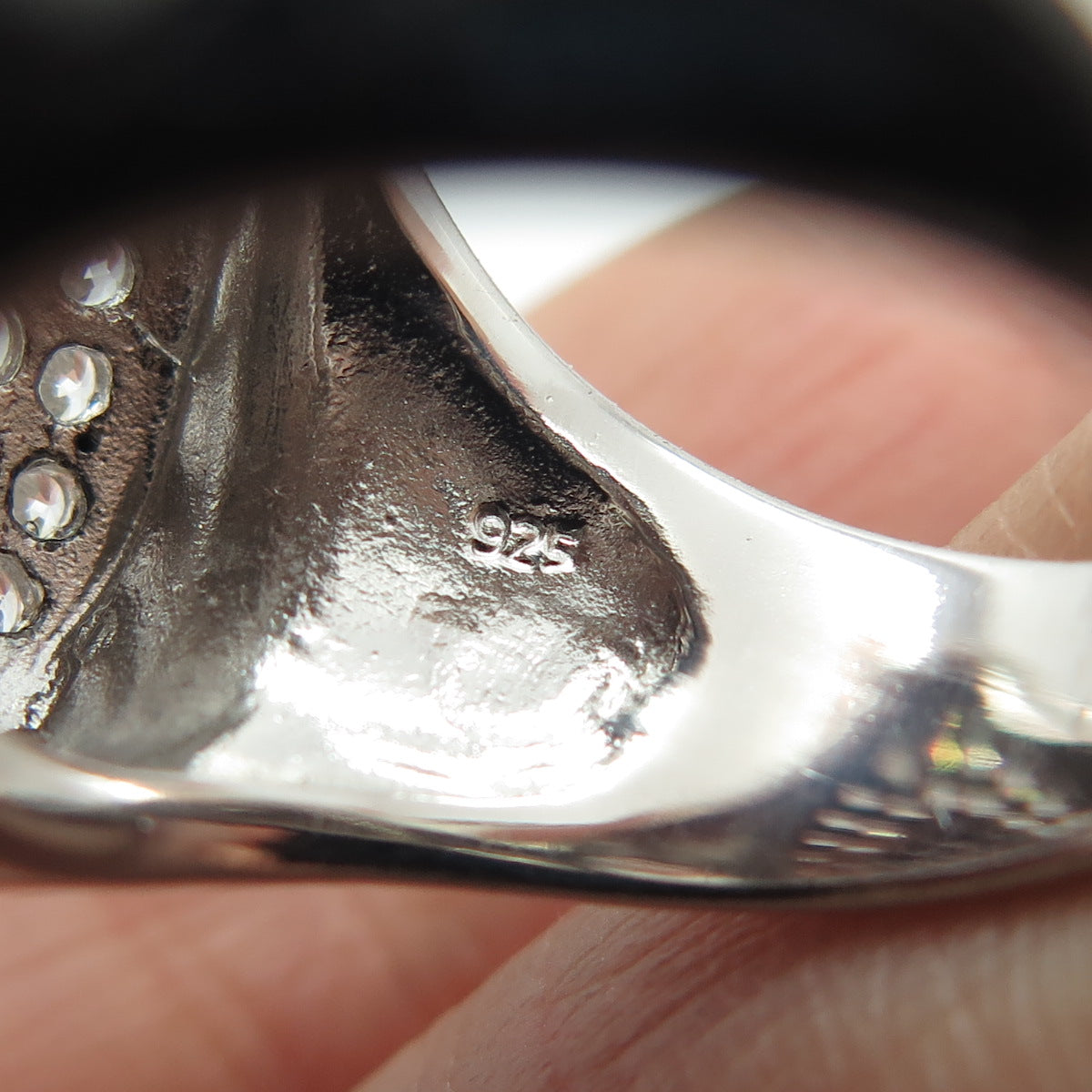 925 Sterling Silver Real Round-Cut Black Spinel & C Z Heart Ring Size 7.5