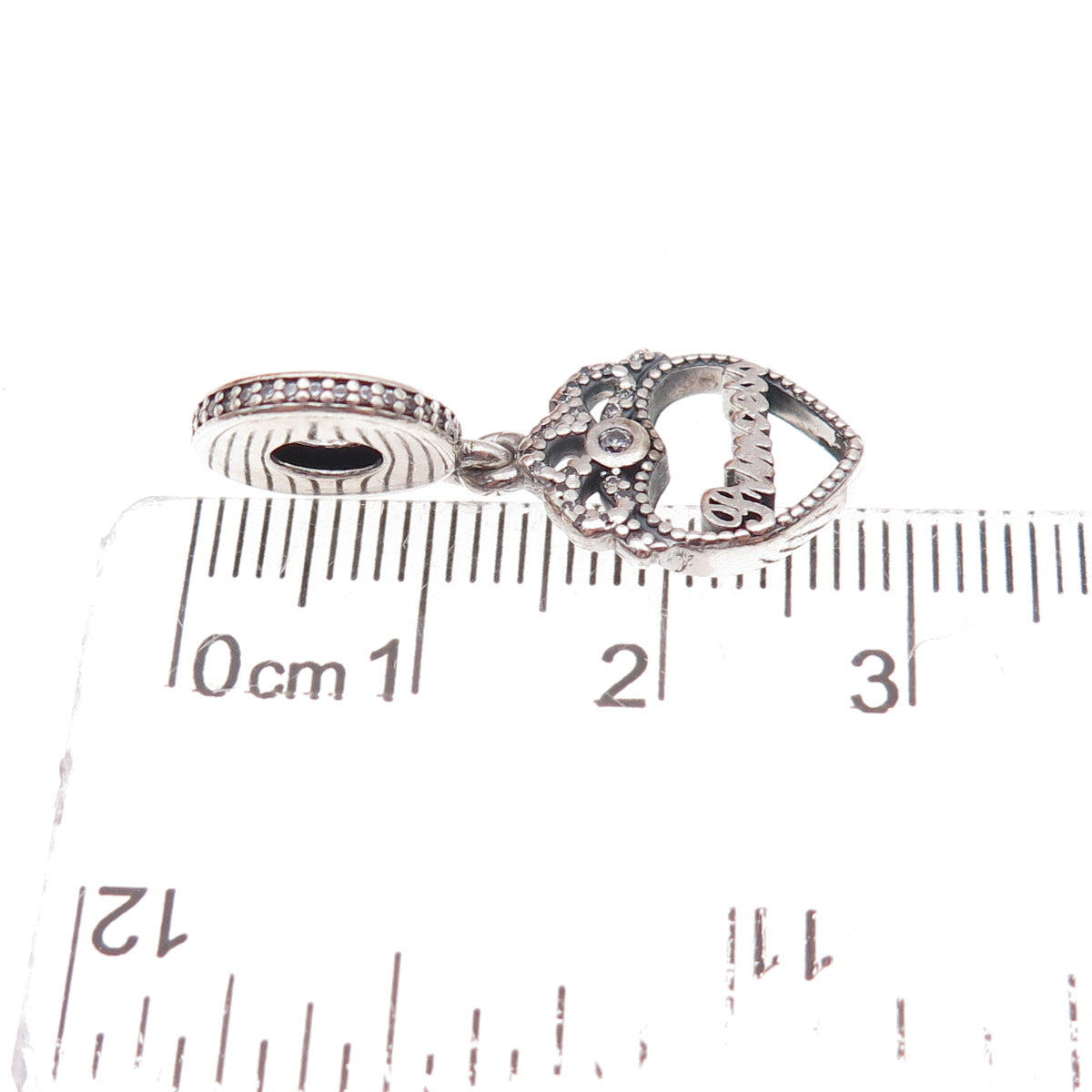 Pandora 925 Sterling Silver Round-Cut C Z Princess Crown Heart Dangle Charm