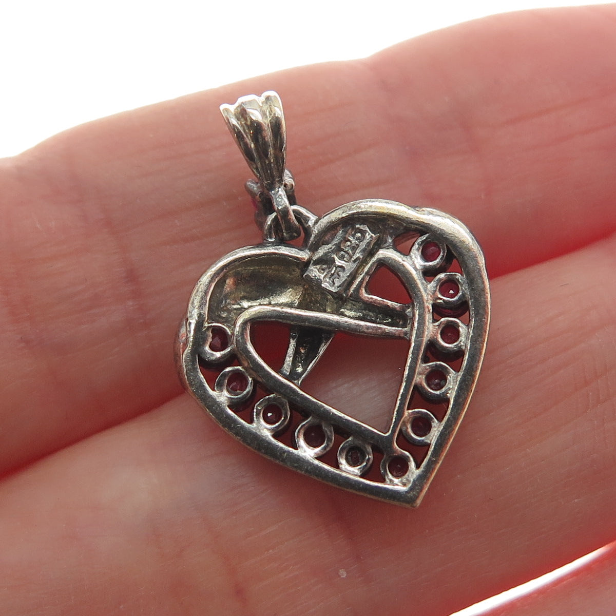 ART'S ELEGANCE 925 Sterling Vintage Real Ruby Heart Minimalist Oxidized Pendant