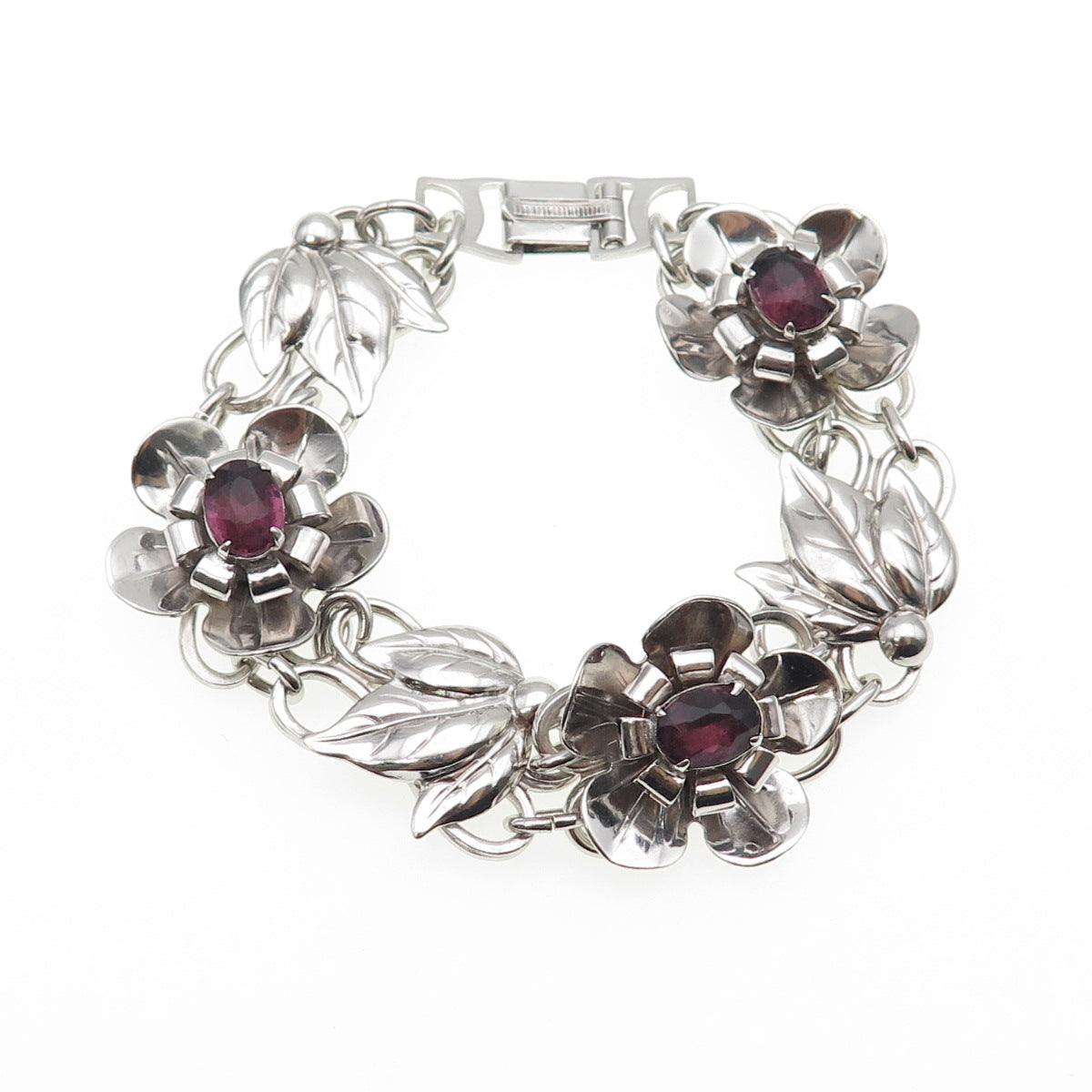 925 Sterling Silver Antique Art Deco Real Oval-Cut Tourmaline Flower Bracelet 7"
