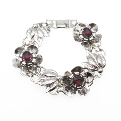 925 Sterling Silver Antique Art Deco Real Oval-Cut Tourmaline Flower Bracelet 7"