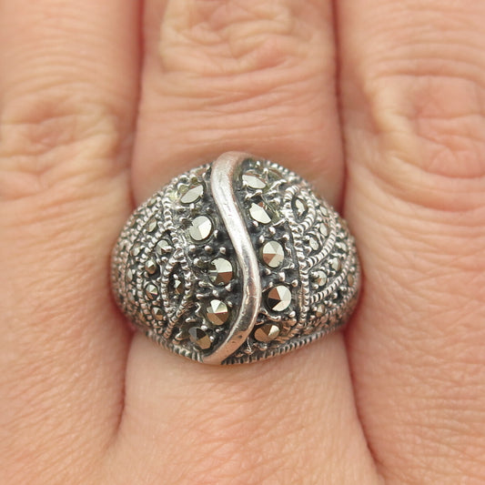 925 Sterling Silver Vintage Real Marcasite Modernist Wavy Ring Size 7.25
