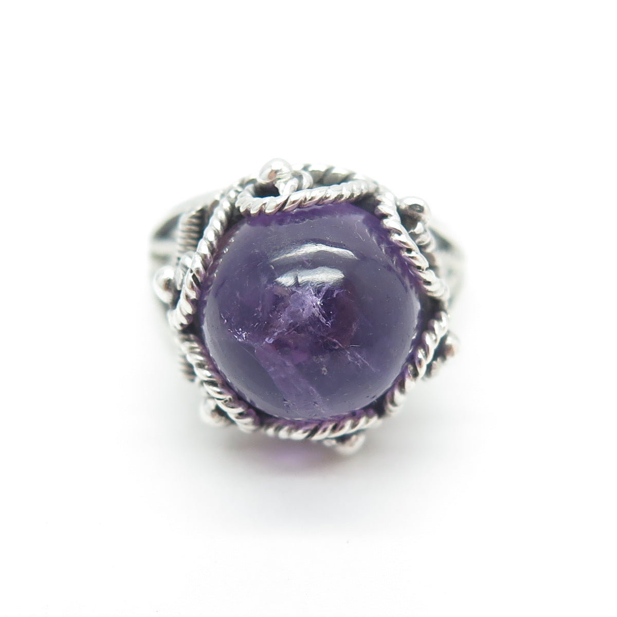 925 Sterling Silver Vintage Mexico Real Amethyst Gem Adjustable Ring Size 6.5