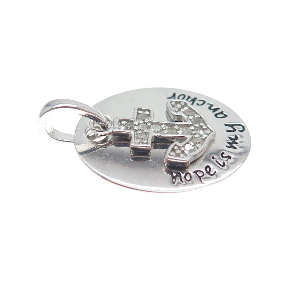 HAN 925 Sterling Silver Real Round-Cut Diamond Hope Is My Anchor Charm Pendant