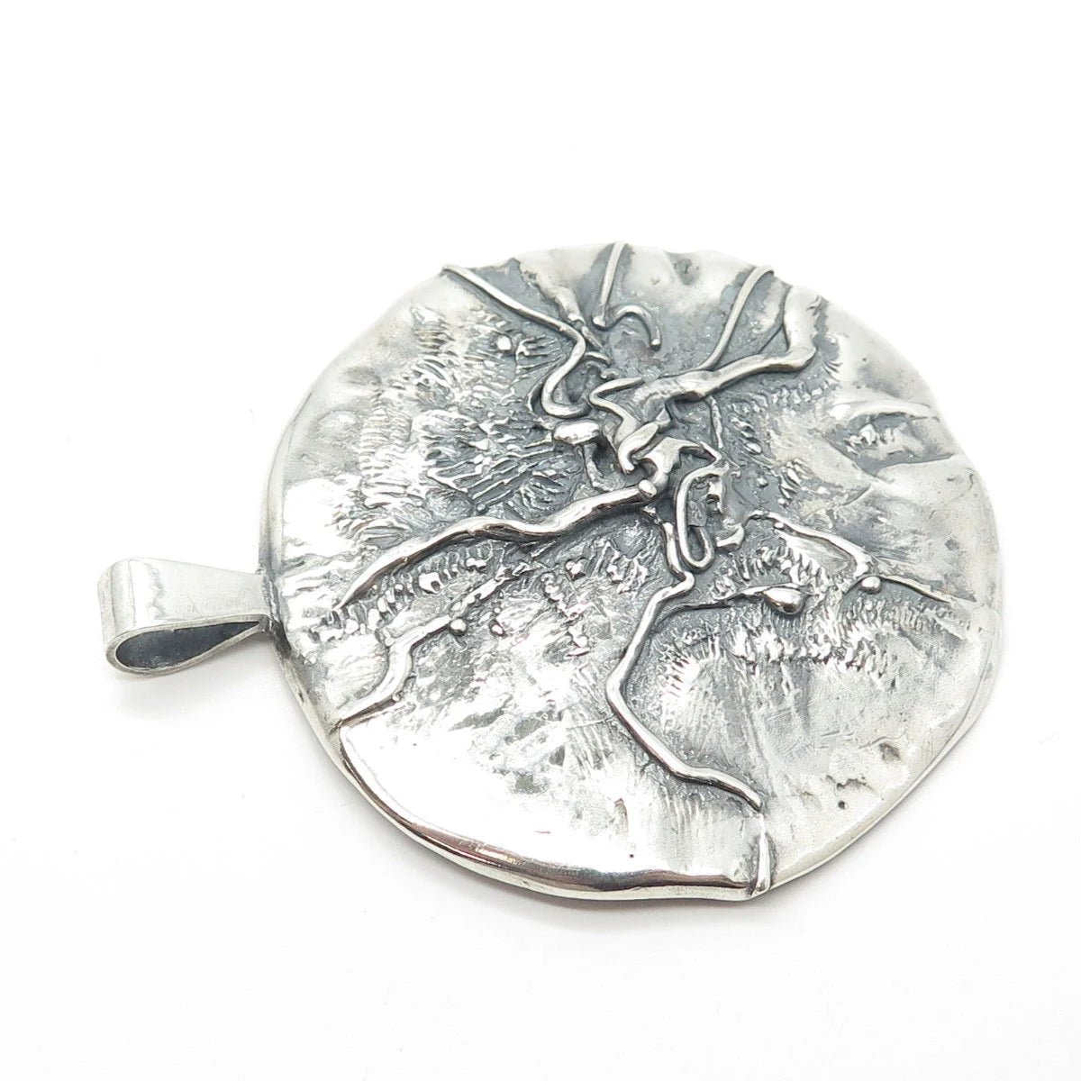 925 Sterling Silver Vintage Brutalist Modernist Large Round Pendant