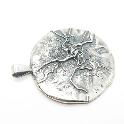 925 Sterling Silver Vintage Brutalist Modernist Large Round Pendant