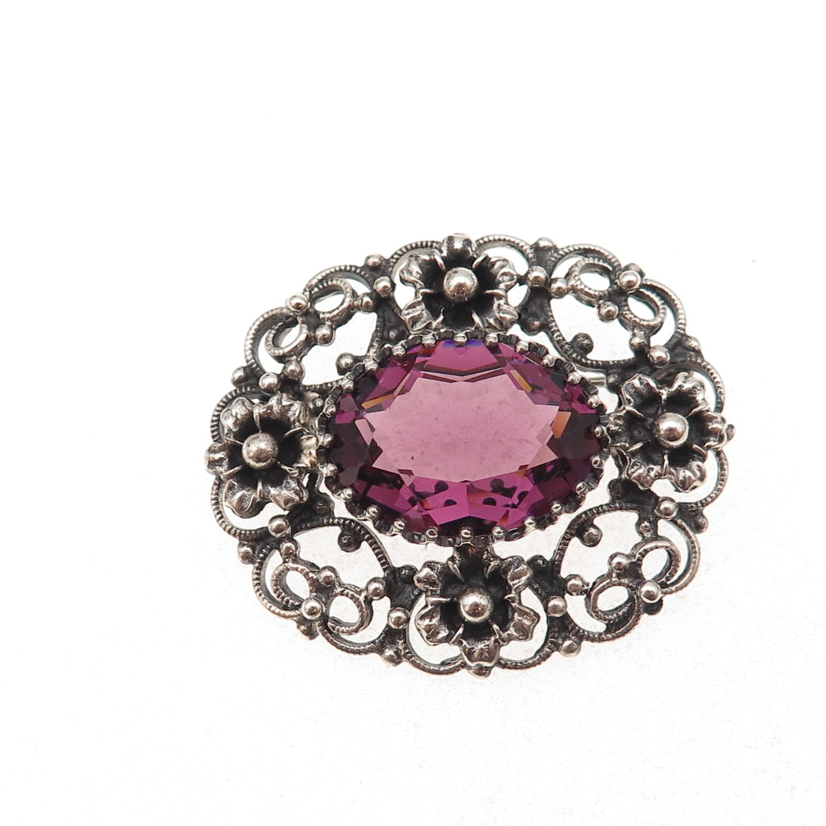 Danecraft Sterling Silver Antique Art Deco Real Amethyst Floral Heart Pin Brooch