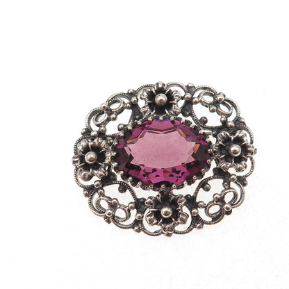 Danecraft Sterling Silver Antique Art Deco Real Amethyst Floral Heart Pin Brooch