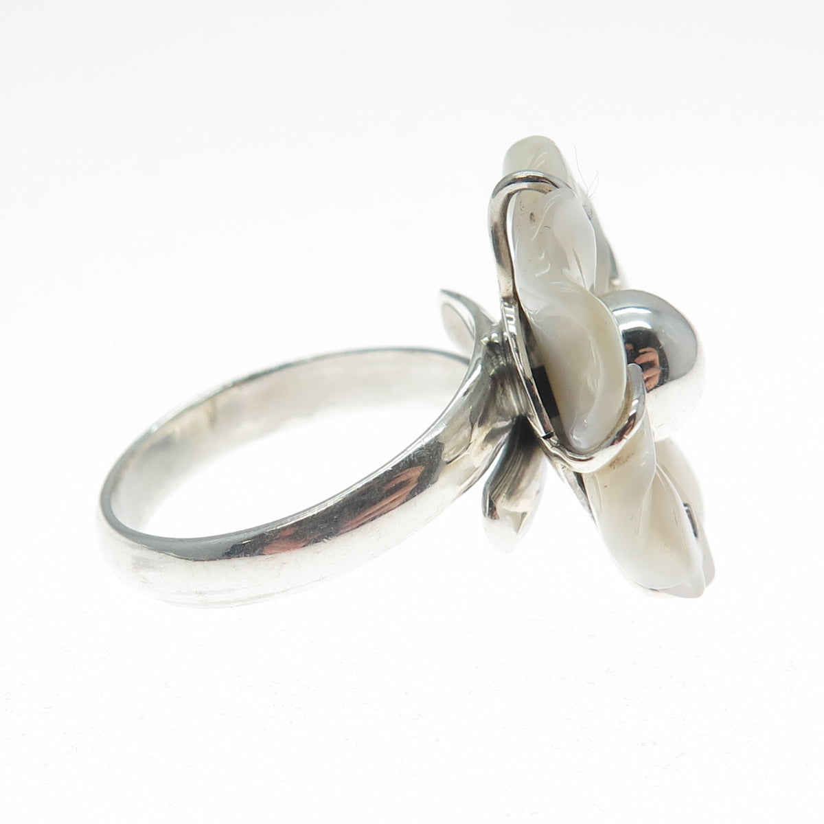 RIDER 950 Silver Vintage Real Carved MOP Flower Adjustable Ring Size 8.75
