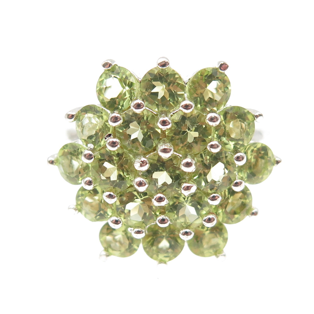 925 Sterling Silver Real Round-Cut Peridot Cluster Ring Size 8.75