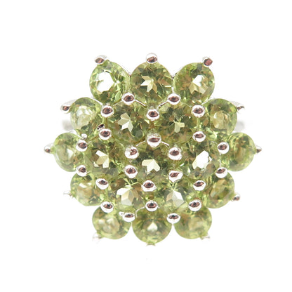 925 Sterling Silver Real Round-Cut Peridot Cluster Ring Size 8.75