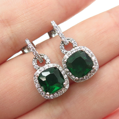 925 Sterling Silver Cushion & Round-Cut Green White C Z Dangling Earrings