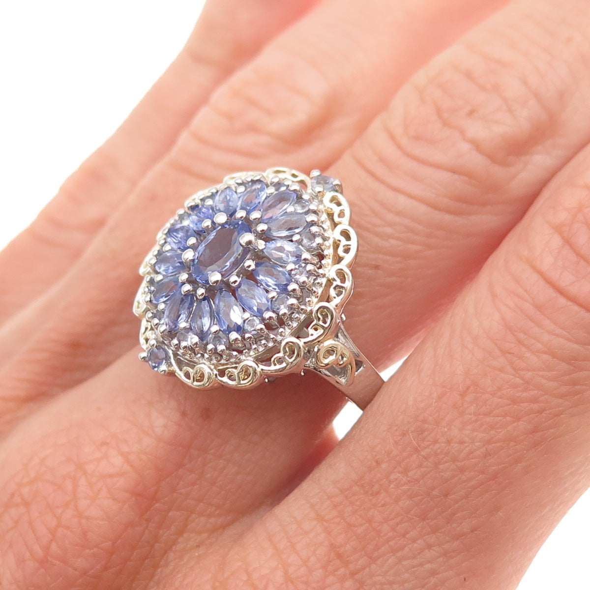 Chuck Clemency 925 Sterling Silver 2-Tone Real Tanzanite Floral Ring Size 8.25