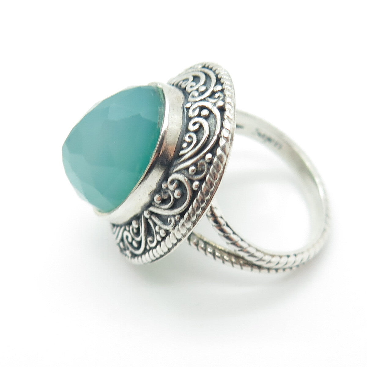 SAJEN 925 Sterling Silver Vintage Real Chalcedony Swirl Oxidized Ring Size 7