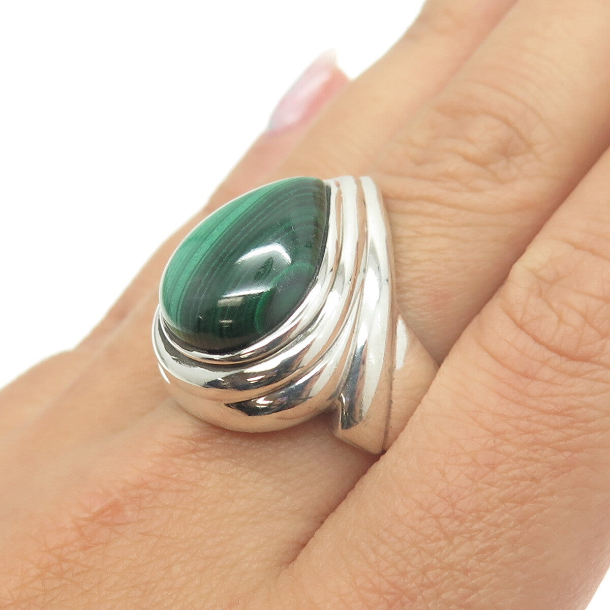 925 Sterling Silver Vintage Real Malachite Teardrop Ring Size 9.25