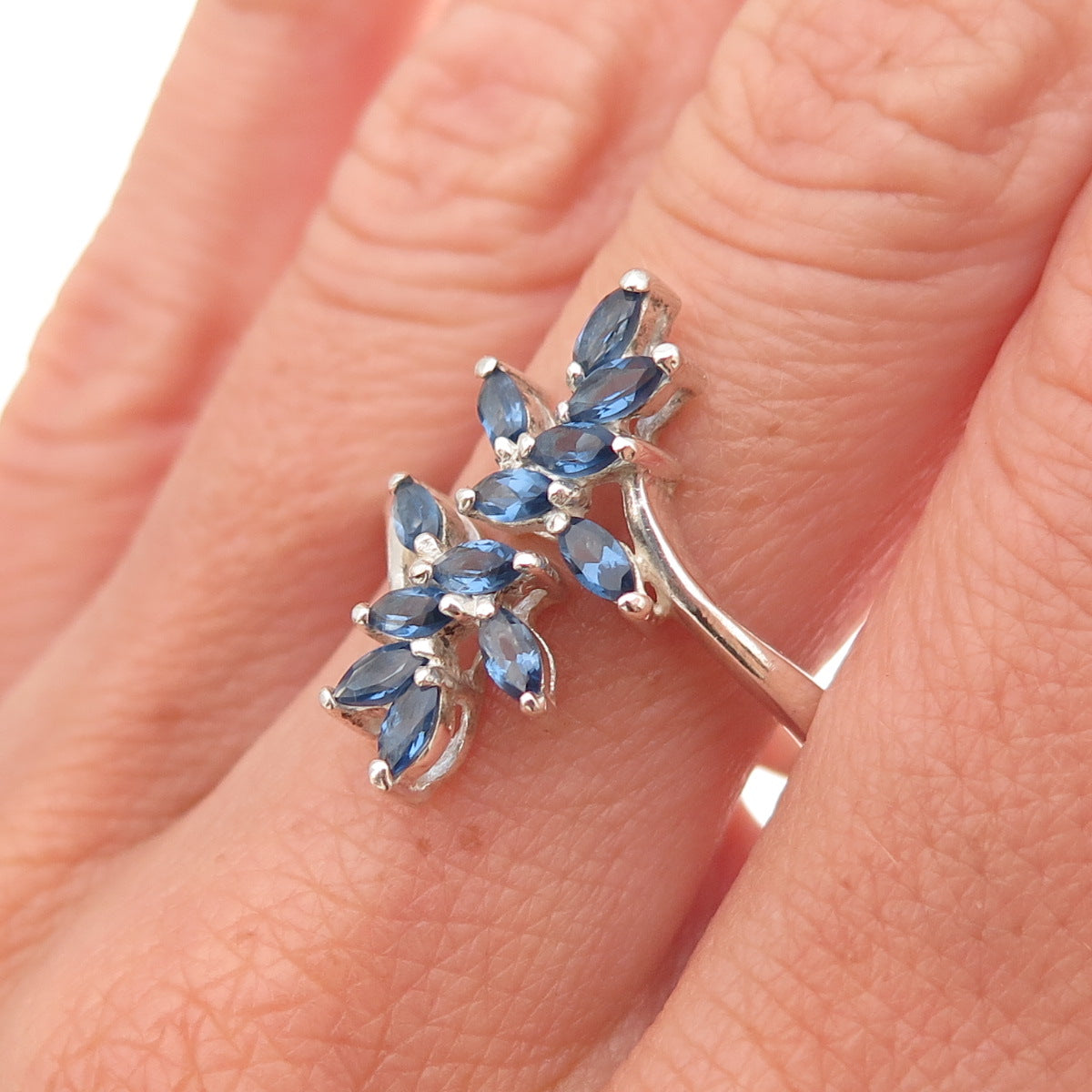 925 Sterling Silver Real Iolite Floral Adjustable Bypass Ring Size 9